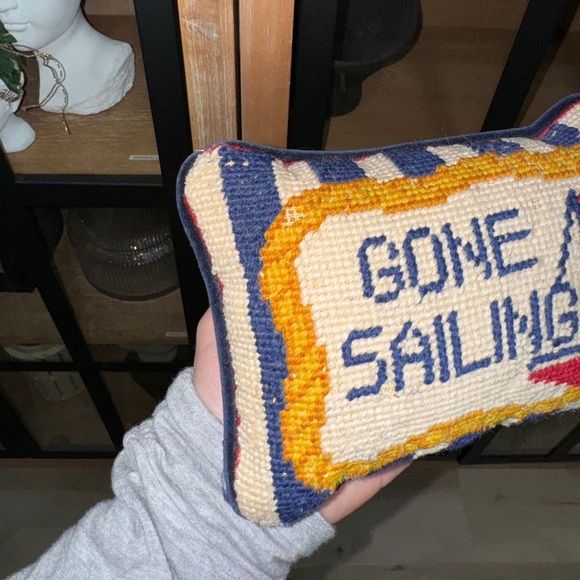 Vintage Needlepoint pillow Gone Sailing nautical two’s company mini navy boat - Picture 5 of 7
